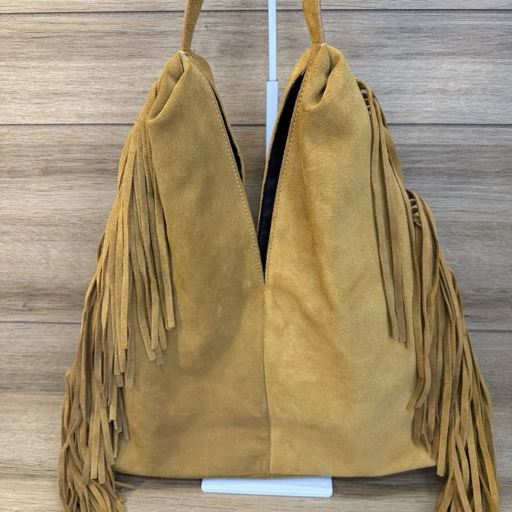 Divina Firenze Suede Fringe Hobo Bag Italian Leather Slouchy Boho Tote Tan